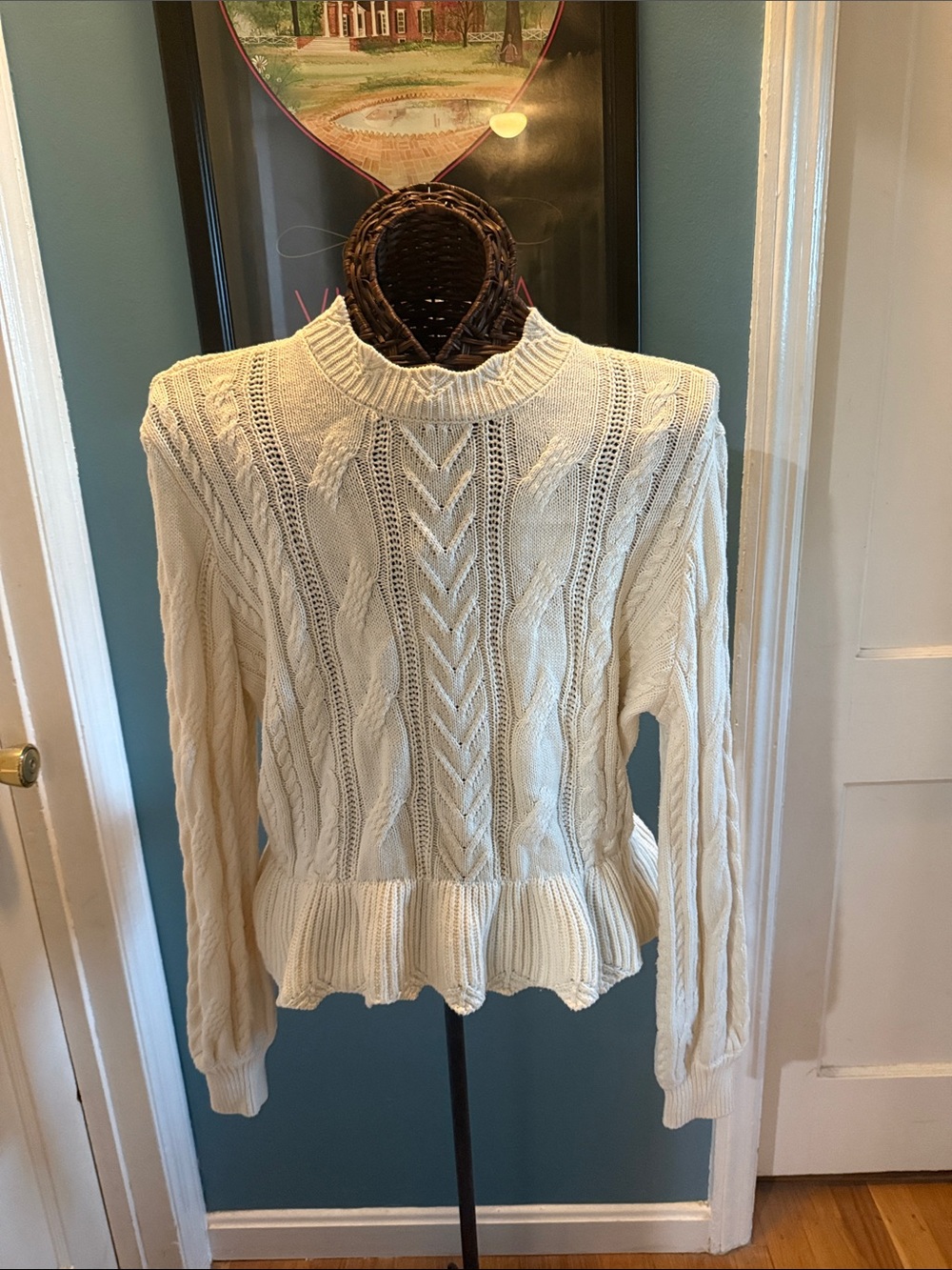 Draper James Cream Cable-Knit Peplum Sweater